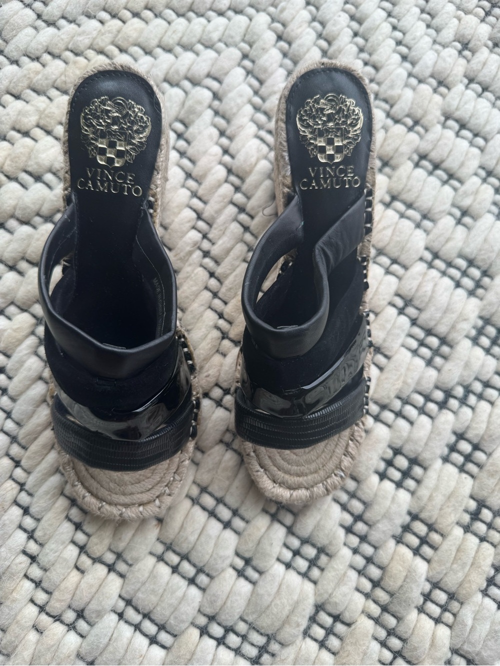 Vince Camuto Black Espadrille Wedge Slides with Glossy Straps